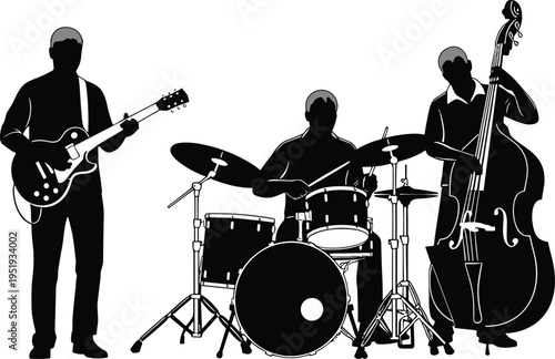 Black and white silhouette illustration of three musicians performing live with guitar, drums, and double bass in dynamic harmony