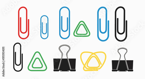 Arranged in neat rows, an assortment of vibrantly colored paper fasteners and binder clips are displayed, suggesting organization and utility within an office or academic context for stationery