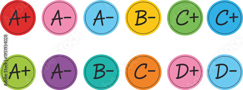 Colorful circles with academic letter grades A+, A-, B-, C+, C, D+, D- on a white background education