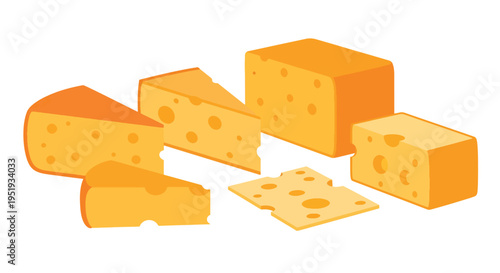 Various shapes of cheese, including wedges, blocks, and slices, come together in a tasty and delightful display that is a testament to the diverse world of dairy products and culinary