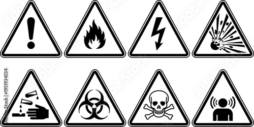 hazard warning signs set, vector triangular safety icons with fire electric explosion toxic biohazard and alert symbols isolated on transparent background
