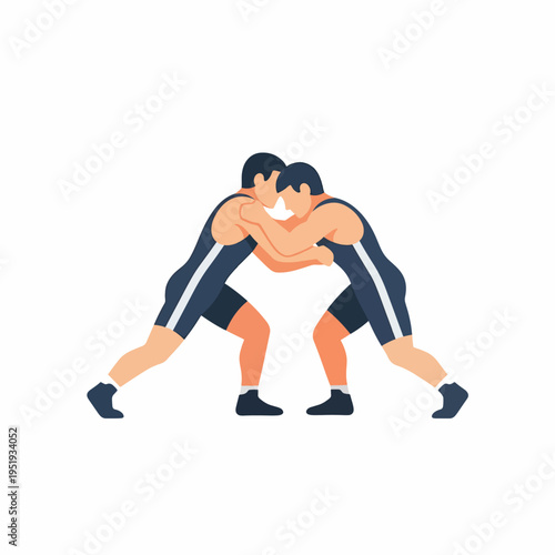 Two competitors grappling demonstrate athleticism and skill as they engage in a physical contest, showcasing determination during intense wrestling action, while striving to gain an advantage