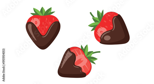 A colorful illustration of three chocolate dipped strawberries on a white background