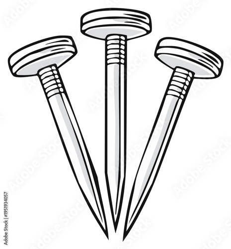 Three sharp metal nails with wide heads, illustration of fastening hardware