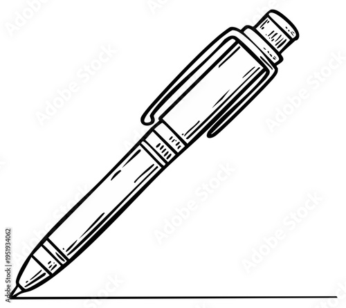 Hand-drawn illustration of a ballpoint pen writing a line on a blank surface, symbolizing creativity and communication.