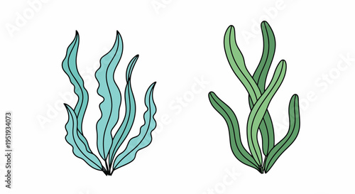 Delicate seaweed designs in shades of green and turquoise evoke a sense of nature's beauty, showcasing marine flora with artistic flair and organic shapes, suggesting a whimsical sea garden