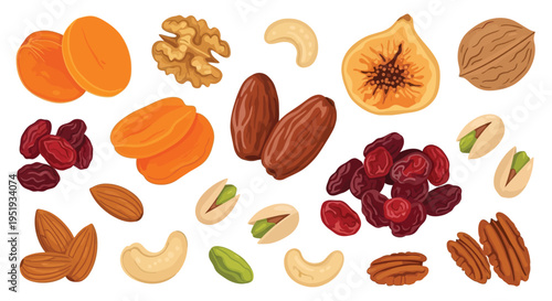 A colorful illustration of various nuts and dried fruits arranged on a white background