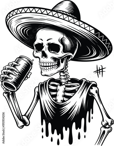 Skeleton wearing a sombrero drinking from a can illustration