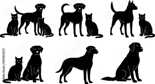 Black silhouette vector illustration of dogs and cats together and alone, sitting, standing, animal companionship design