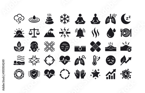 Thermal wellness and relaxation concept symbols showing steam cloud swirl, water ripple circle, hot stone heat symbol, cold plunge
