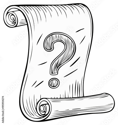 Hand-drawn antique scroll with a large question mark symbol representing mystery, quests, and unknown answers