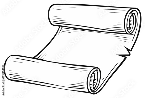 Open rolled scroll with torn edge and blank parchment for text or drawing