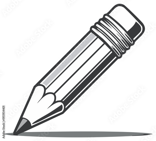 Black and white illustration of a sharpened pencil with an eraser, tilted.
