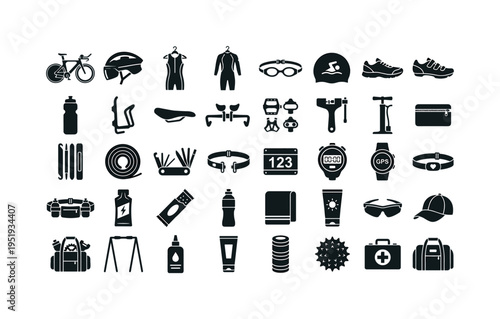 Triathlon race gear including triathlon bike bicycle, aerodynamic bike helmet, tri suit garment, wetsuit suit, swim goggles mask,