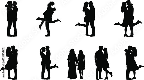 Black silhouette illustration of nine couples in romantic poses embracing, kissing, and holding hands representing love and affection