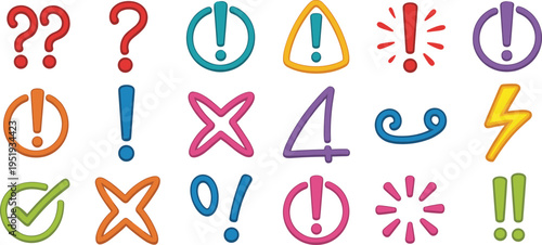 Vibrant collection of colorful icons and symbols including question marks exclamation points and power buttons