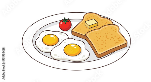 A plate of breakfast food with eggs, toast, and a tomato on a white background