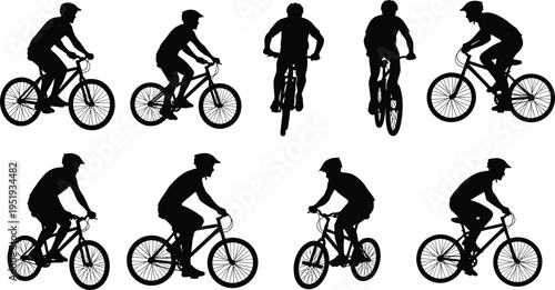 Black silhouette illustration of nine cyclists in varied riding positions and perspectives showcasing helmets, bicycles, and dynamic motion