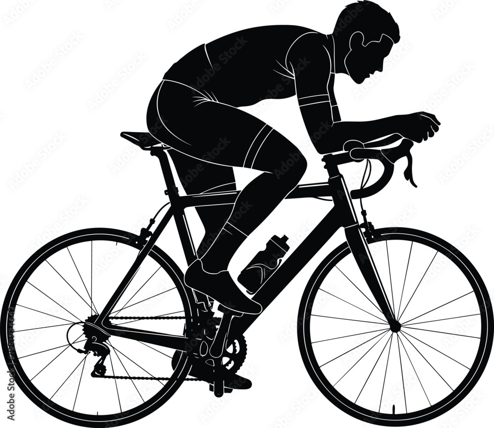 Naklejka premium Black silhouette illustration of road cyclist in aerodynamic racing posture with drop handlebars, thin tires, and water bottle frame