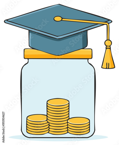 Graduation cap atop savings jar filled with coins for college education financial concept