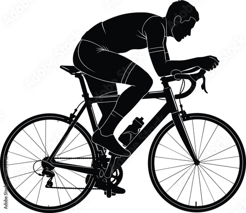 Black silhouette illustration of road cyclist in aerodynamic racing posture with drop handlebars, thin tires, and water bottle frame