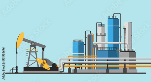 Oil Pumpjack and Refinery Plant Industrial Energy Production Landscape