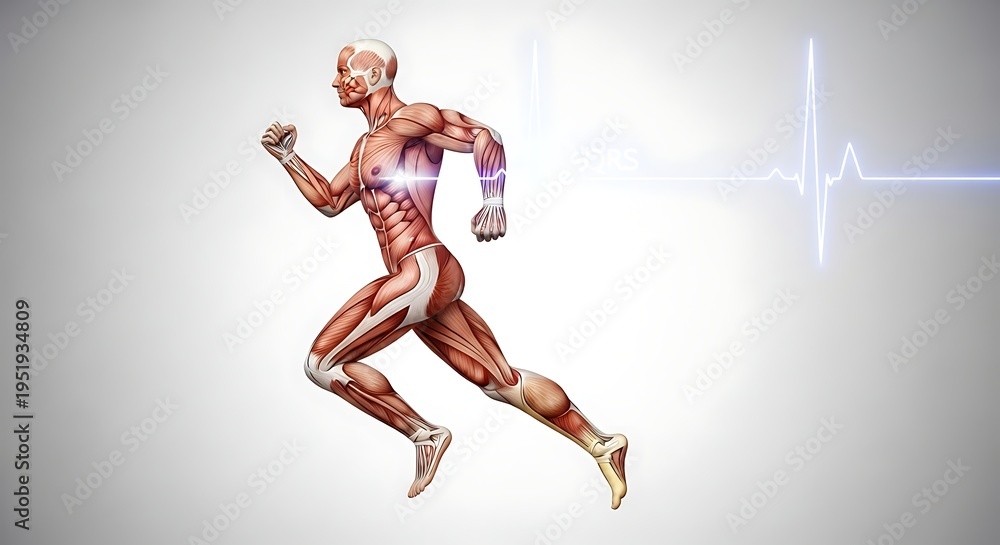 Naklejka premium Anatomical human male running with exposed muscles and pulse line