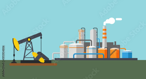 Industrial Oil Pumpjack and Refinery for Energy Production