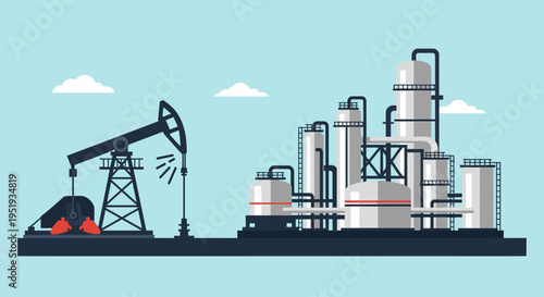 Oil Pumpjack and Refinery Plant Producing Fuel and Energy