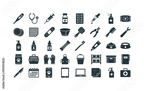 Veterinary prevention supplies including pet thermometer digital, stethoscope tool, syringe injection tool, vaccine vial bottle,