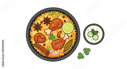 A vibrant illustration of a delicious Indian dish with chicken and spices served with a side of yogurt sauce