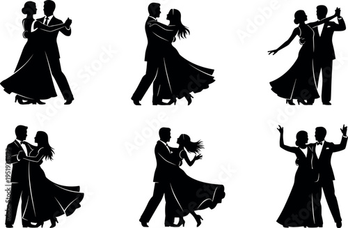 Black silhouette vector illustration of elegant dancing couples in ballroom styles with flowing dresses, formal suits, graceful poses and movement