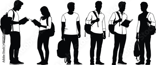 Black silhouette illustration of six students with backpacks and books standing together representing education, learning, and academic life