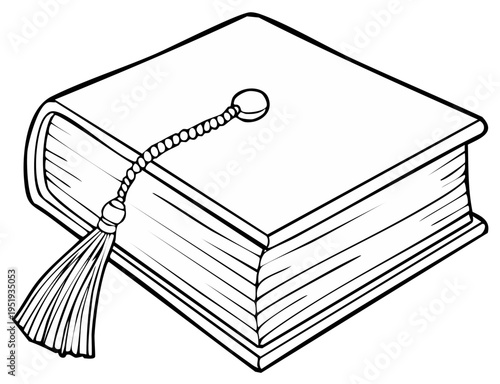 Black and white line art illustration of a hardcover book with an elegant tassel bookmark for reading and learning