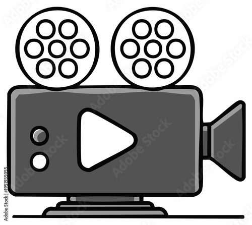 Retro movie projector with film reels, play button symbol, and camera lens illustration