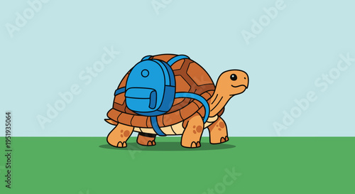 Turtle wearing a blue backpack.