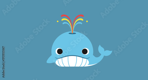 Cartoon blue whale with rainbow.