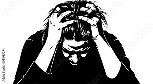 Young man with hands on head.