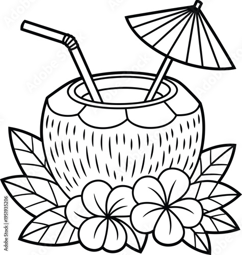 Coconut cocktail with straw and umbrella in tropical flowers black and white line art