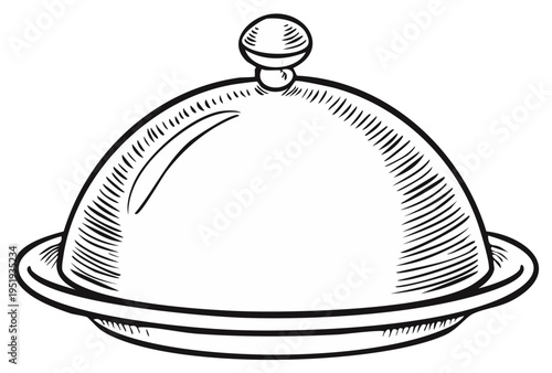 Hand drawn illustration of a classic restaurant serving cloche with a lid on a platter