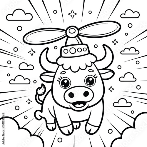 Cute cartoon bull flying with propeller hat coloring page for kids