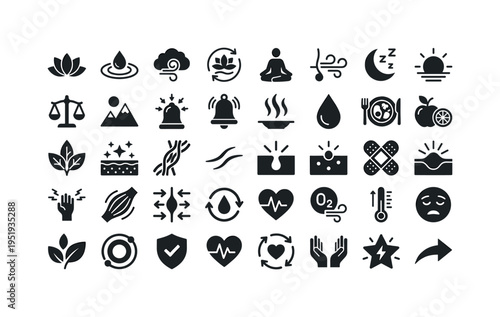 Wellness relaxation and skin care concept symbols showing lotus flower symbol, water ripple circle, steam cloud swirl, relaxation