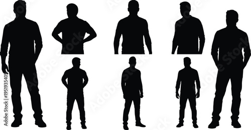 Black silhouette men, standing poses, casual clothing, arms at sides, hands on hips, posture icons, body language vector illustration design