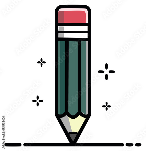 Illustration of a classic pencil with eraser drawing a line art tool for education design projects