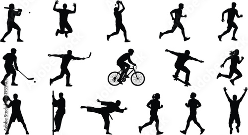 Black silhouette athletes, baseball, basketball, running, cycling, skateboarding, tennis, martial arts, pole vault, diverse sports vector illustration design