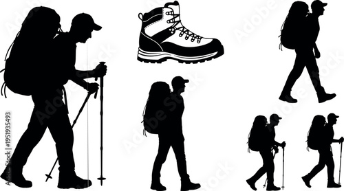  Black silhouette vector illustration of hikers with backpacks, trekking poles, and outdoor boot, adventure, exploration, travel, and nature concept