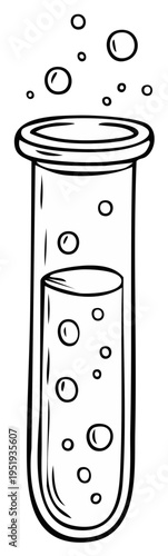 Scientific test tube illustration featuring bubbling liquid and rising gas bubbles representing chemistry experiments laboratory research concept