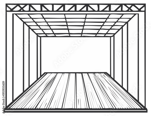 Empty stage with overhead grid for live performances or presentations, perspective view