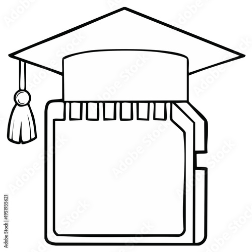 SD Card with Mortarboard Graduation Cap, Black and White Illustration