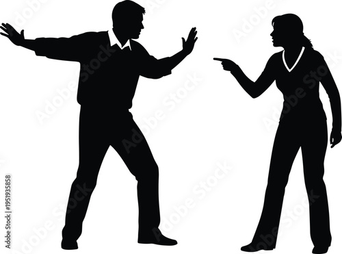 Black silhouette people, confrontation scene, man defensive posture, woman pointing, interpersonal conflict, disagreement icons, communication vector illustration design